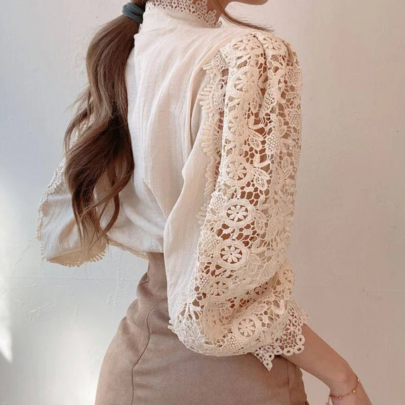 Vintage White Lace Blouse Shirts Women Korean Button Loose Shirt Tops Female Hollow Casual Ladies Blouses Blusas 12419 240226