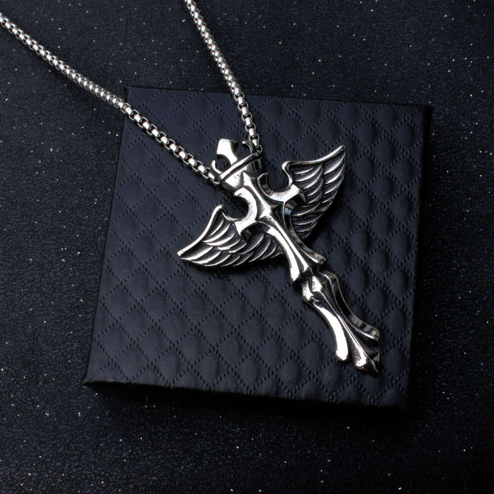 Wolf Tide Angel Wings Cross Pendant Necklace With Titanium Stainless Steel Chain Personalized Collar Bijoux Rock Gothic Hip Hop Jewelry Accessories Wh