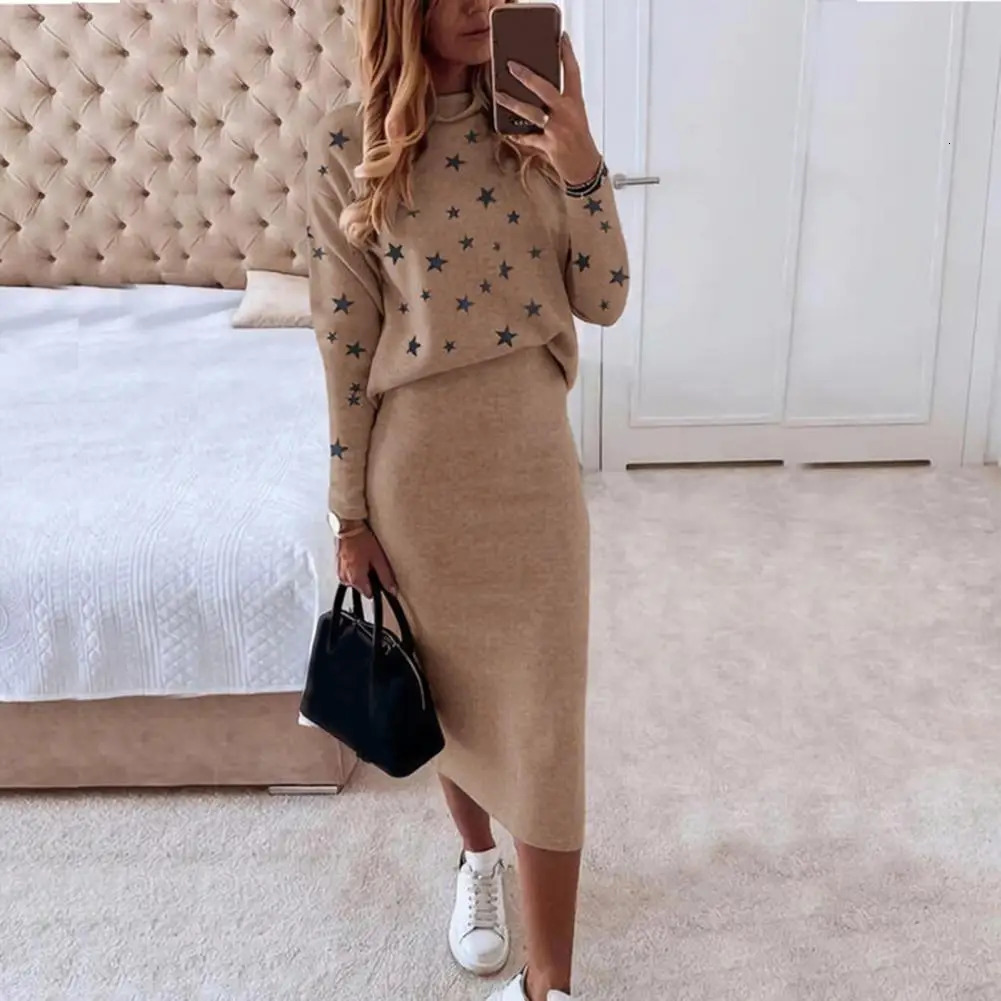 Women Skirts Casual 2 Piece Set Autumn Winter Turtleneck Long Sleeve Loose Print Top Slim Pencil Skirt Fashion Office Lady Suits 240226wtt