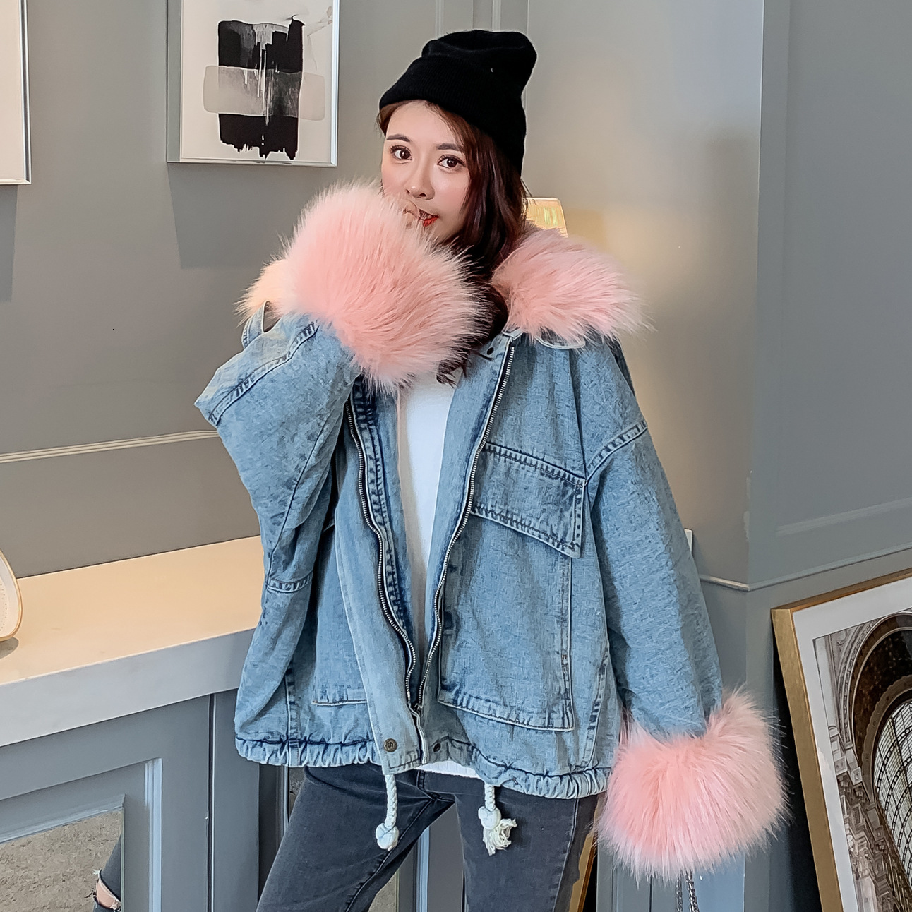 Women's Jacket Faux Collar - Casual Long Sleeve Overcoat, 100% Cotton, Blue Denim With White Fur