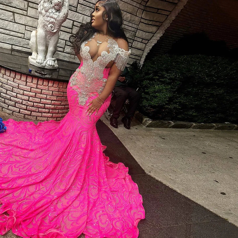 Hot Sparkly Pink Prom Dress For Women Sequin Rhie Mermaid Party Dresses Black Girls Robe Soiree Femme Es Es