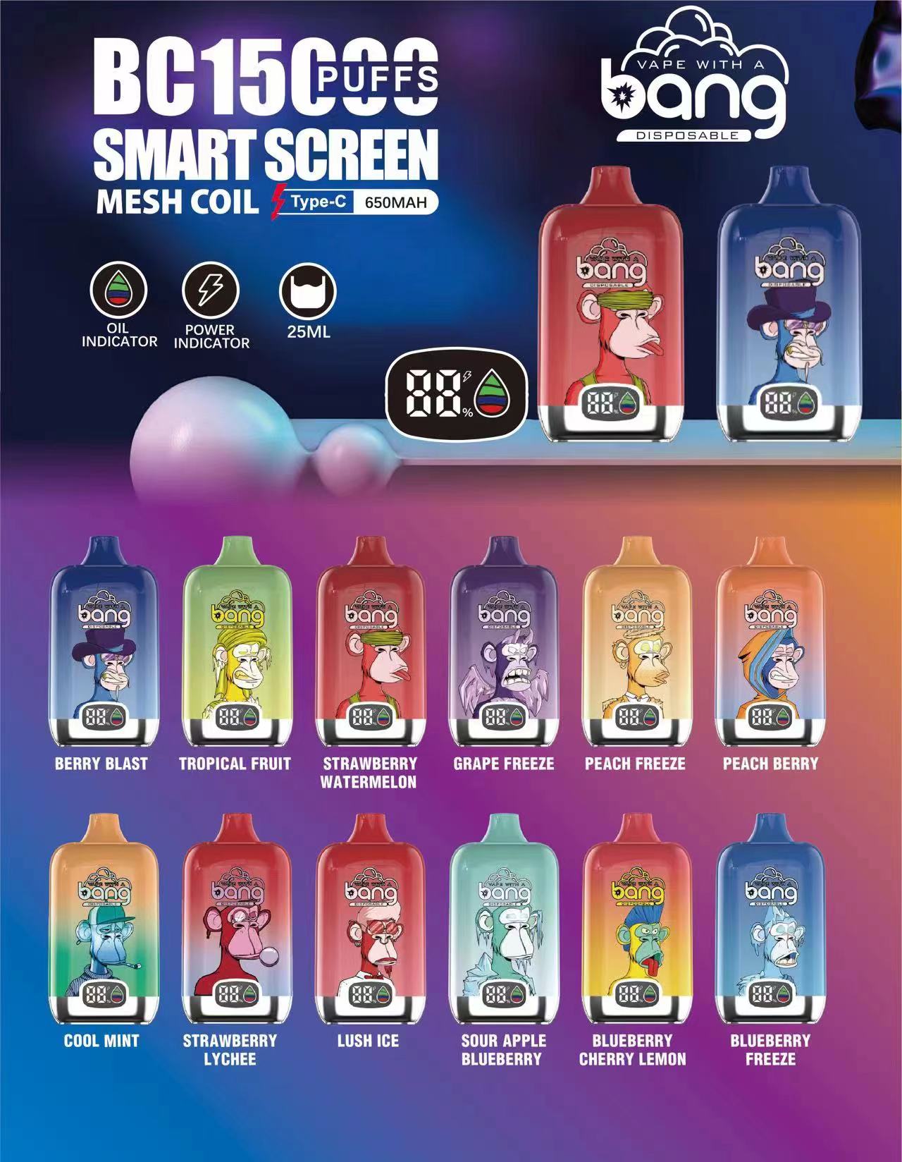 Original Bang SMART SCREEN 15000 15k Disposable Vape Pen E Cigarette 650mah Rechargeable Battery 25ml Pod mesh coil vaper vapes disposable crazvapes