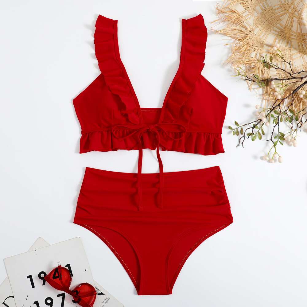 2024 New Bikini Solid Color Fly Edge Hollow Lace Up Multi-color Split High Waisted Swimsuit for Women