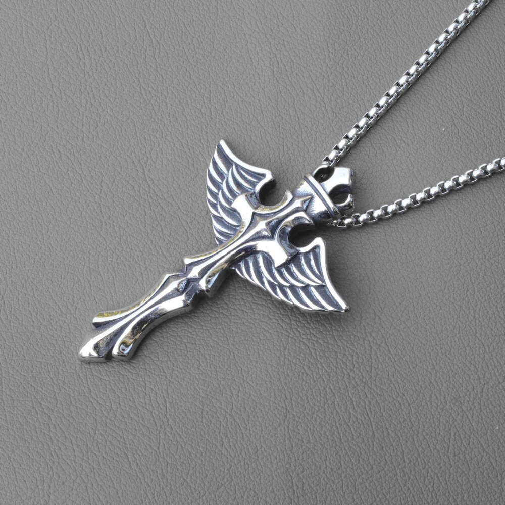 Wolf Tide Angel Wings Cross Pendant Necklace With Titanium Stainless Steel Chain Personalized Collar Bijoux Rock Gothic Hip Hop Jewelry Accessories Wh