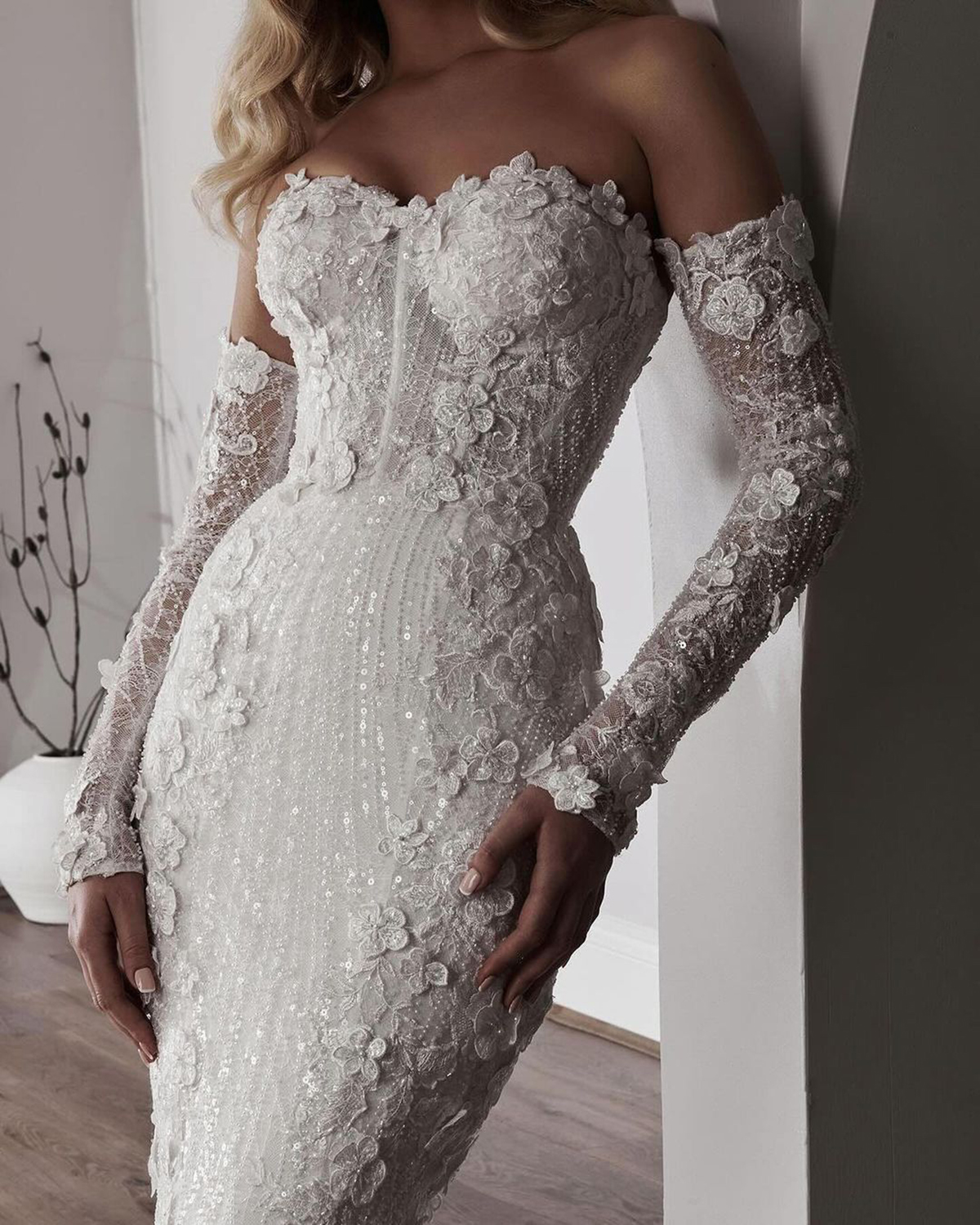 Mermaid Wedding Vintage Dress Sweetheart Neck Removable Sleeves Bridal Gowns Appliques Sequins Sweep Train Dresses Custom Made Vestidos De Novia Es