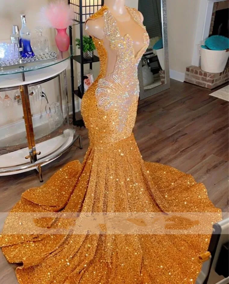 Sparkly Gold Sequined Mermaid Prom Dresses For Black Girls Sheer Crew Neck Rhies Formal Party Dress Beaded Evening Gowns Dr0324