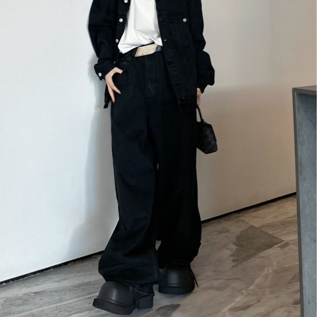 Bale Slight Wrinkling Soft Black Denim Fabric Pants Workwear Pants Casual Loose Fit Pants Men Causal Jeans