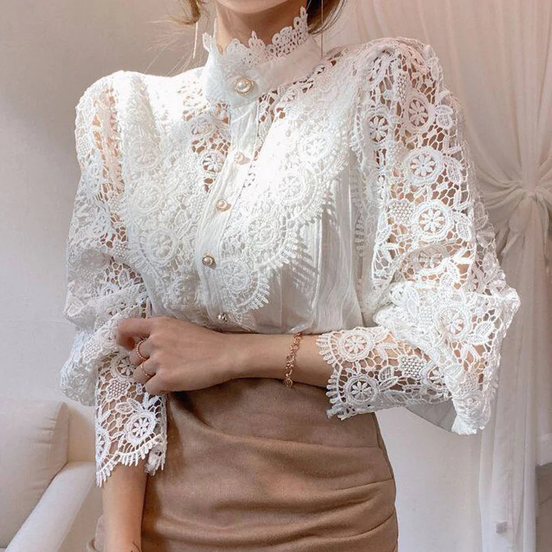 Vintage White Lace Blouse Shirts Women Korean Button Loose Shirt Tops Female Hollow Casual Ladies Blouses Blusas 12419 240226