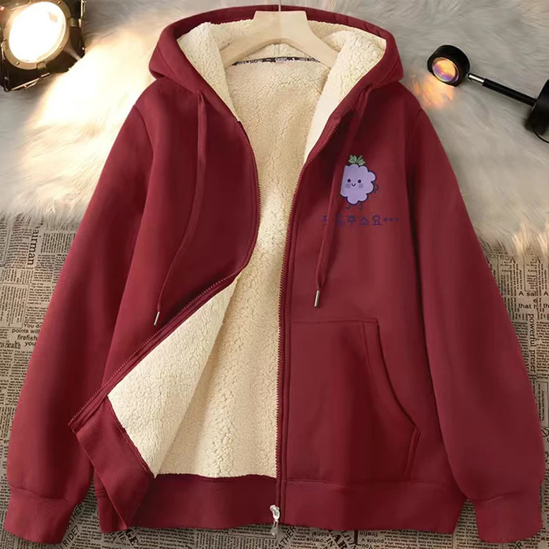 Women Fleece Thickened Warm Hoodies Printed Zipper Pocket Casual Loose Sweatshirts Cardigan Coat Autumn Winter 240223