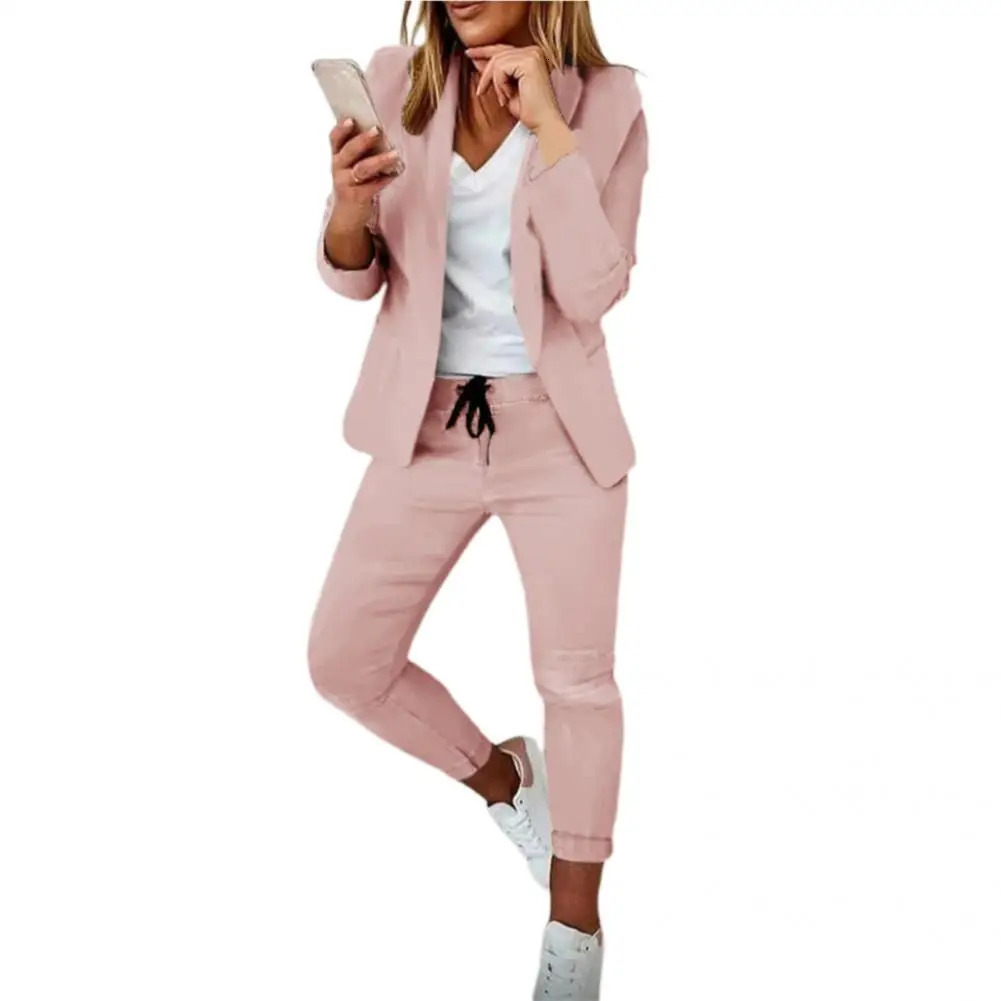 Ladies 1 Set Attractive Open Stitch Blazer Elastic Waist Trousers Autumn Winter Formal Suit Long Sleeve for Office 240226wtt