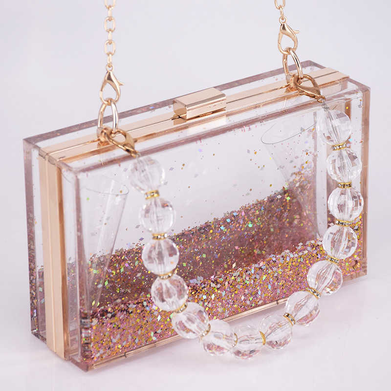 Dinner Banquet Clutch Bag Clear acrylic Quicksand liquid small square bag hand-beaded handbag Q240228
