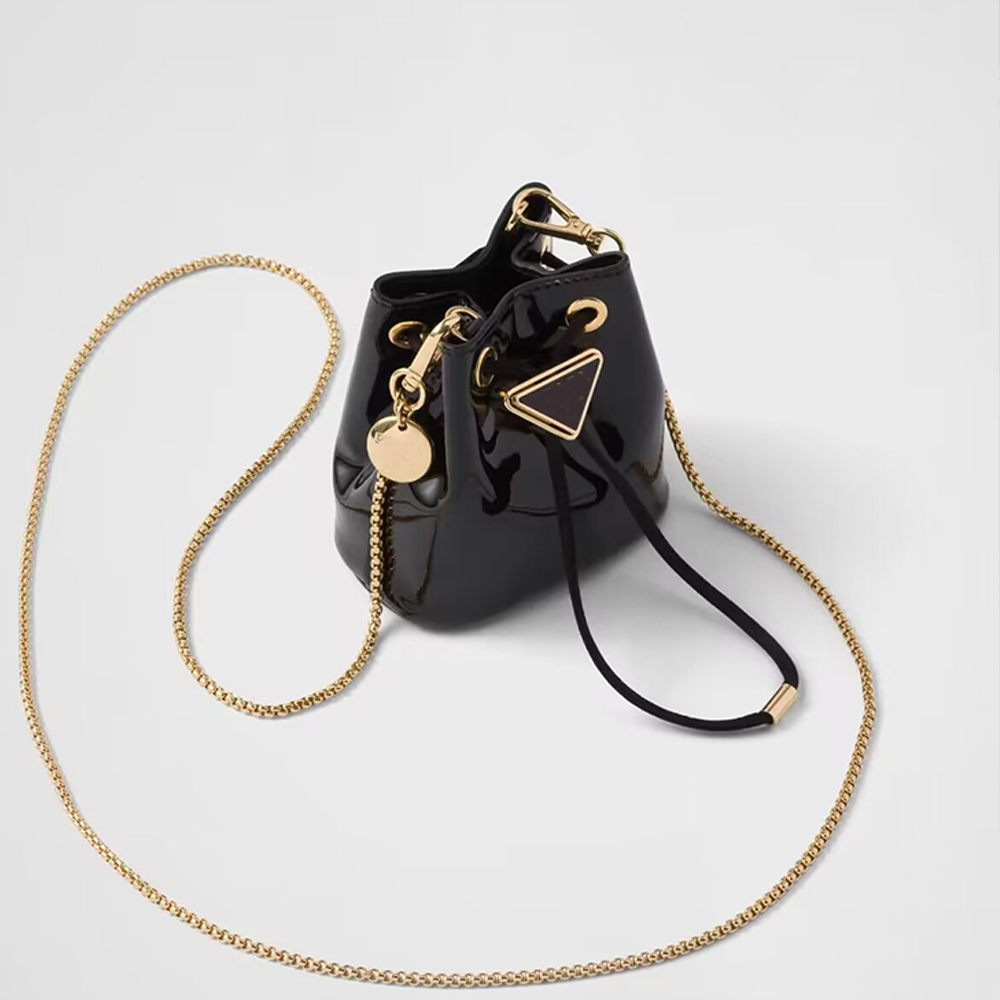 1NR016 Bucket Bags high quality fashion designer womens shoulder Handbags Drawstring patent leather draws Cross body Re-Nylon mini-pouch Patent Leather Black D0021