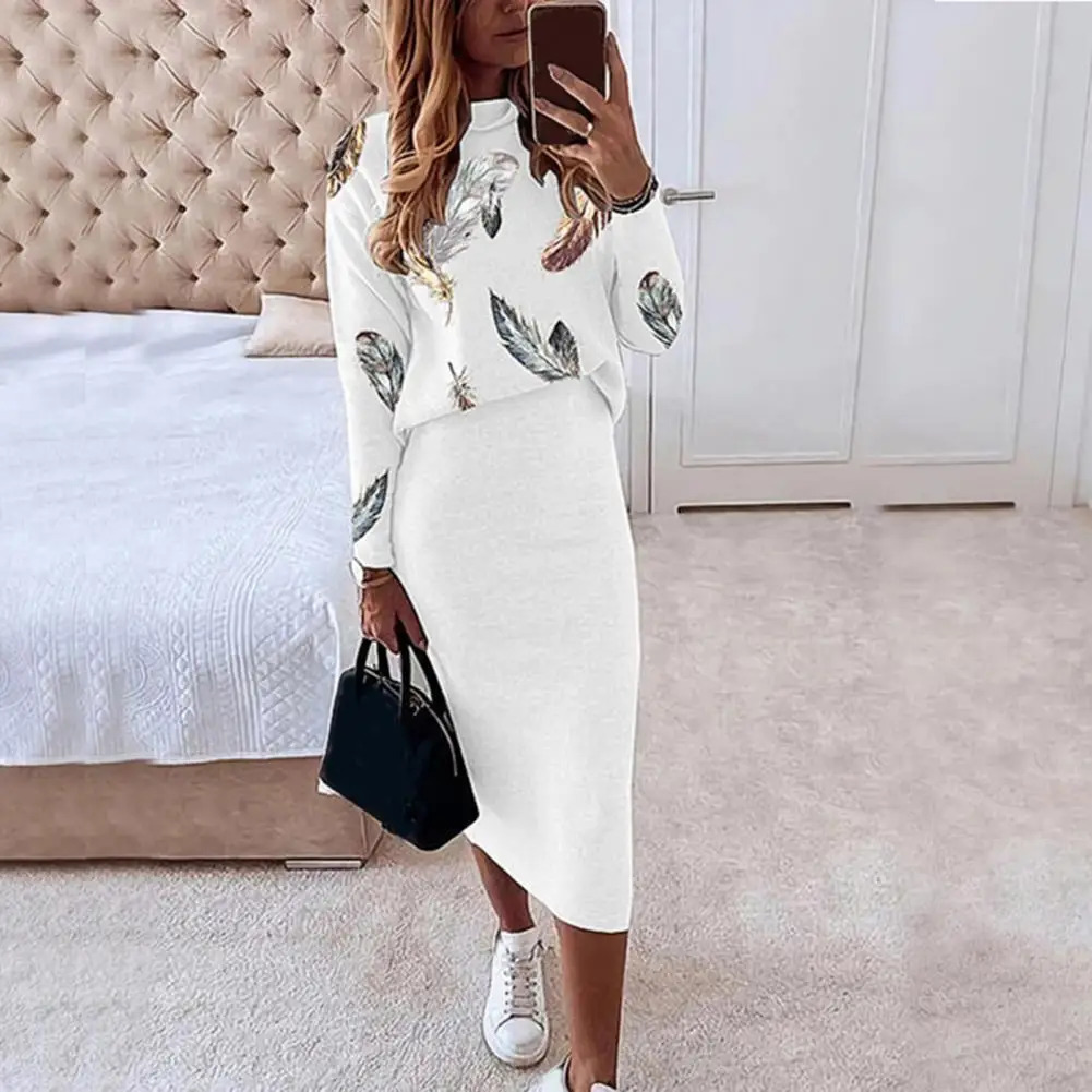 Women Skirts Casual 2 Piece Set Autumn Winter Turtleneck Long Sleeve Loose Print Top Slim Pencil Skirt Fashion Office Lady Suits 240226wtt