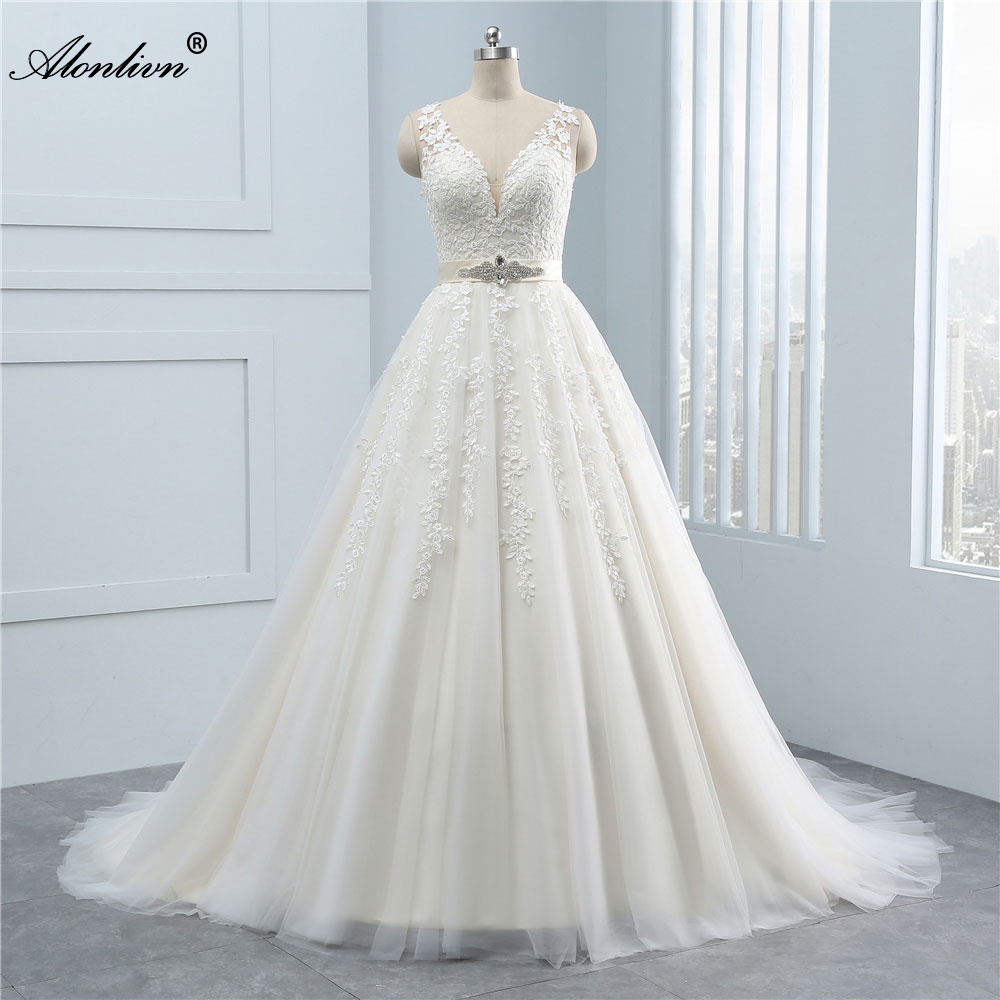 Elegant V-Neck Sleeveless A-Line Wedding Dress Appliques lace Sliky tulle Beaded Sashes Backless Bridal Gowns Can Be Customized