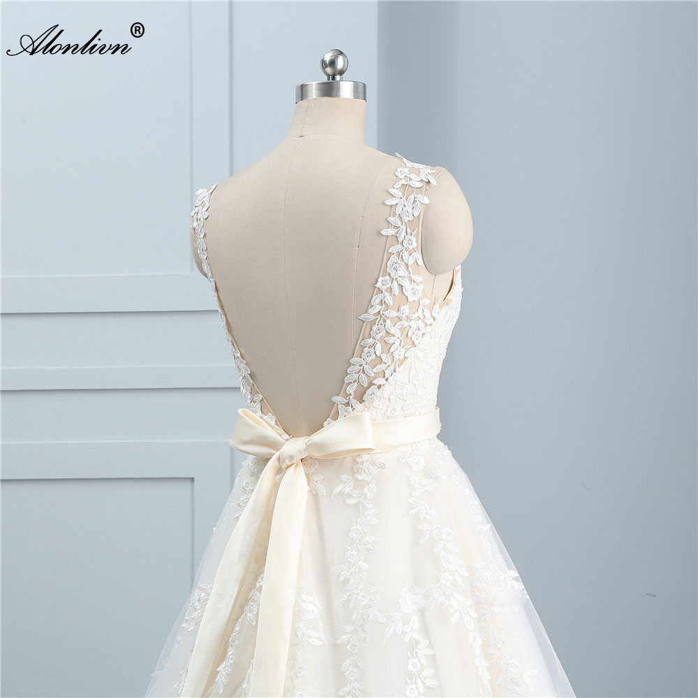 Elegant V-Neck Sleeveless A-Line Wedding Dress Appliques lace Sliky tulle Beaded Sashes Backless Bridal Gowns Can Be Customized