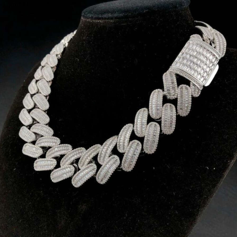 moissanite chain cuban k chainHiphop Necklace Sterg Sier Iced Out 26mm 2 Rows Baguette Cut Moissanite