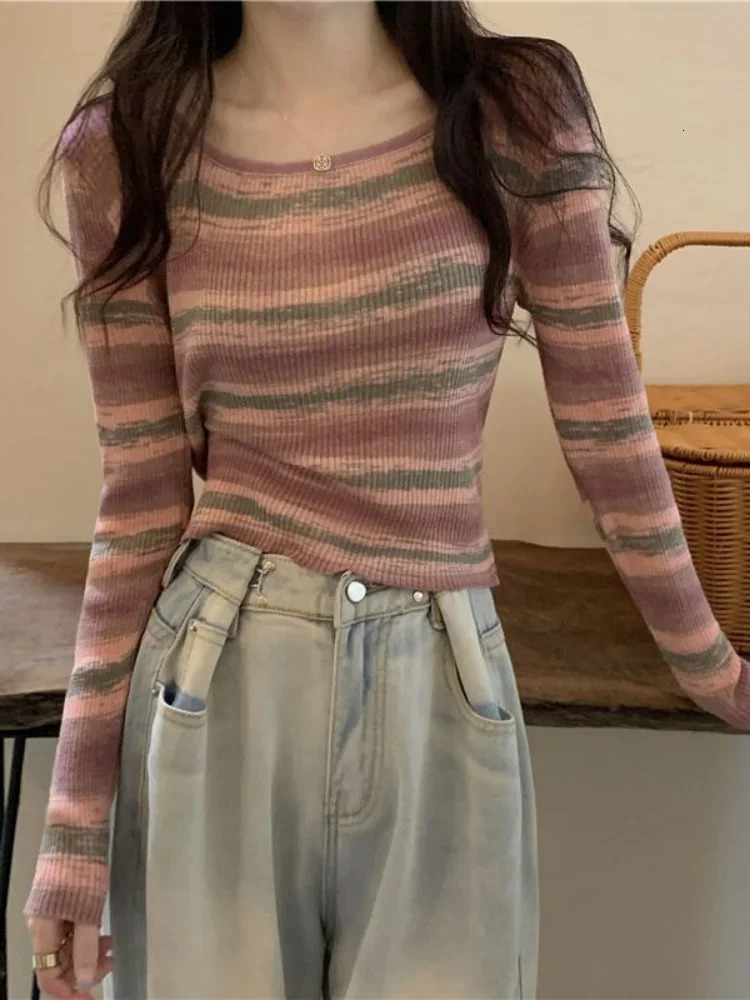 Deeptown Vintage Striped Knitted Tops Women Slim Fit Square Collar Bottoming Shirts Harajuku Contrast Long Sleeve Tshirts Female 240228