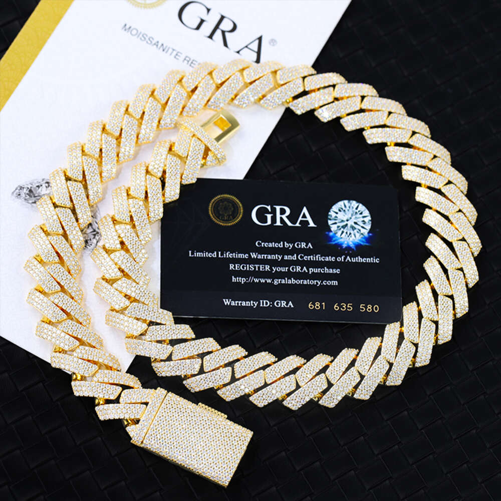 Necklace moissanite chain cuban link chainHiphop 15mm 20mm 925 Silver Yellow Gold Plated Vvsmoissnaite Cuban Chain Necklace