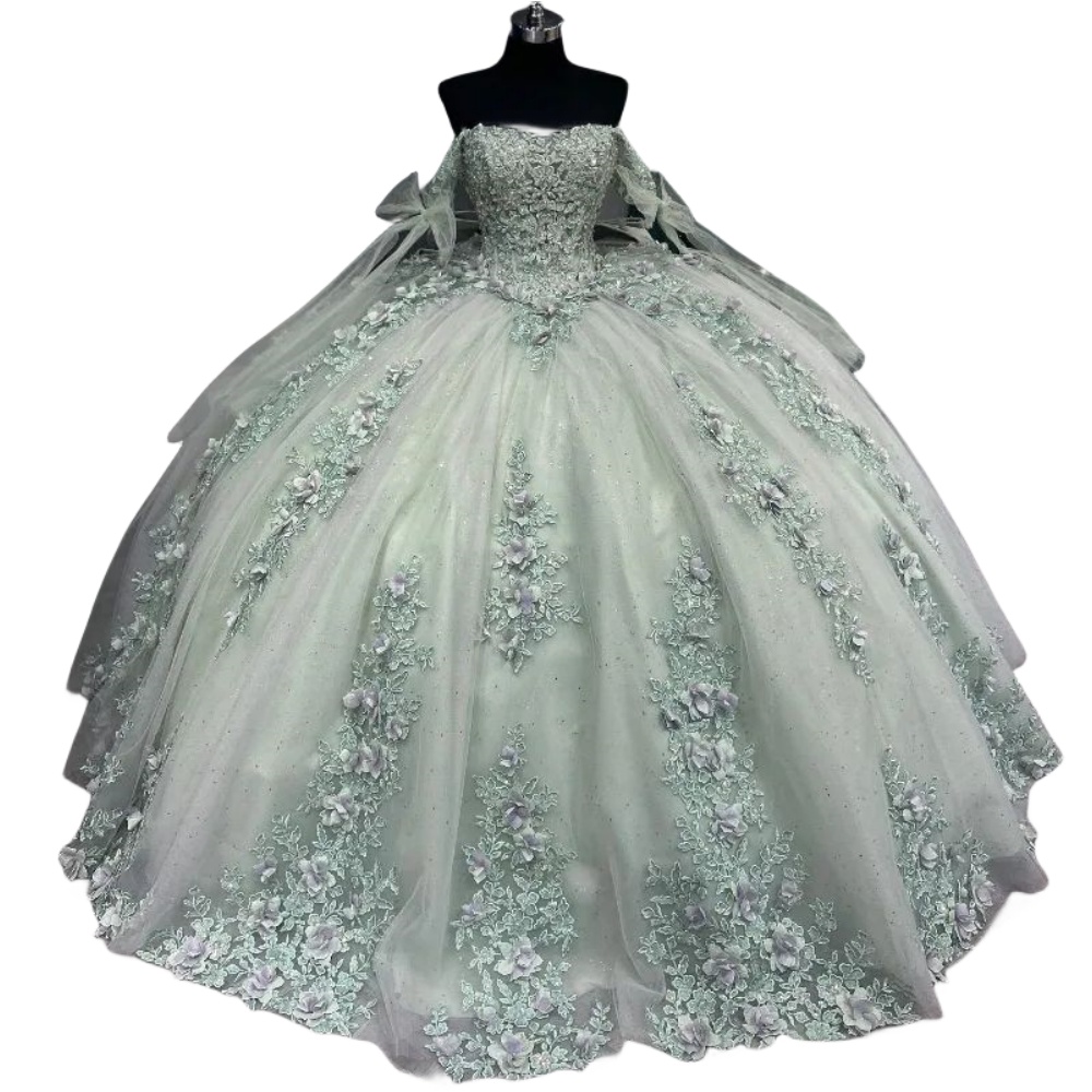Quinceanera Sage Dresses Off Shoulder Lace Appliques Beads Hand Made Wers Ball Gown Tulle Guest Dress Evening Prom Gowns Corset Back With Bow