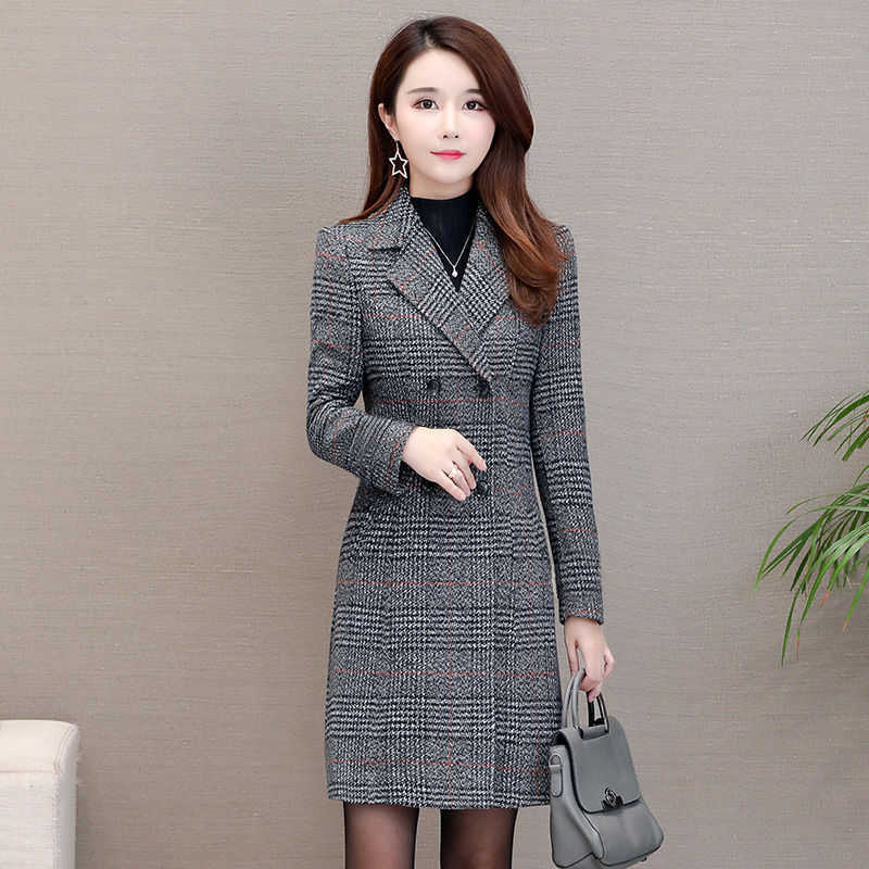 Autumn and winter slimming temperament plaid woolen coat women's medium long woolen coat Q240229