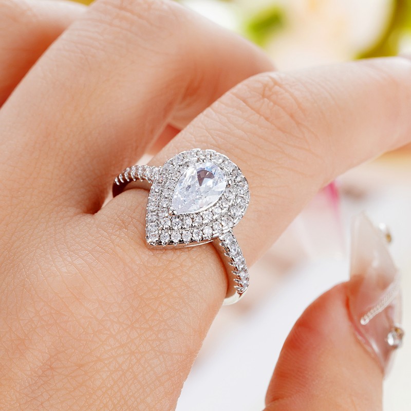 Ship Sterg Sier Wedding Rings: Water Drop White Topaz Gemstones CZ Dia Ring