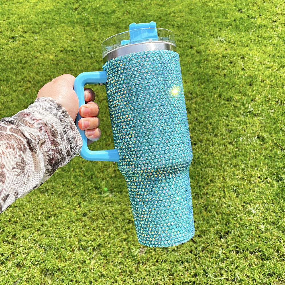16PACK US RTS wholesale Super Sparkly Multicolour rhinestone bling studded 40oz bling tumbler diamond Bedazzled Stainless Steel mug with handle lid an - view 8