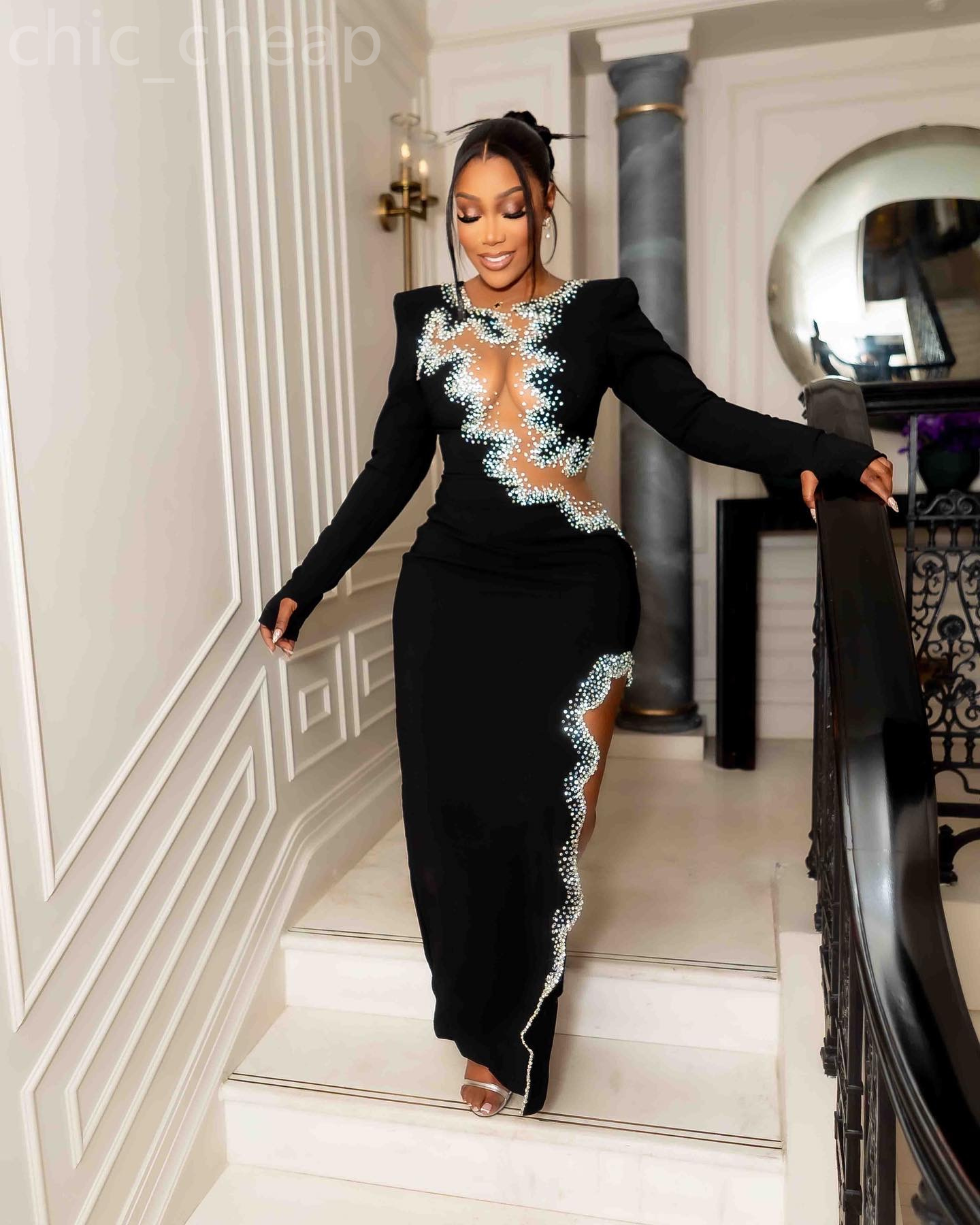 2024 Aso Ebi Niche brand Black Prom Dress Beaded Crystals Evening Formal Party Second Reception 50th Birthday Engagement Gowns Dresses Robe De Soiree 