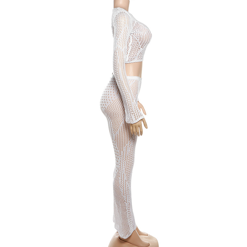 White See Through Mesh Pants Sets Hollow knit short top high-waisted tight-fitting trouser suit woman Sexy 2 Piece