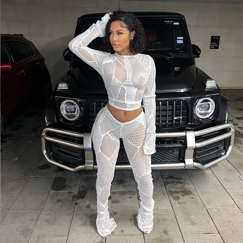 White See Through Mesh Pants Sets Hollow knit short top high-waisted tight-fitting trouser suit woman Sexy 2 Piece