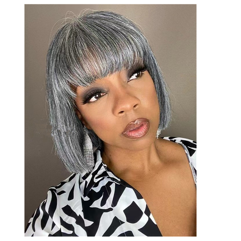 Chic Salt & Pepper Short Straight Bob Wig With Bangs Real Human Hair Wear and Go Glueless Fringe Wigs For Seniors