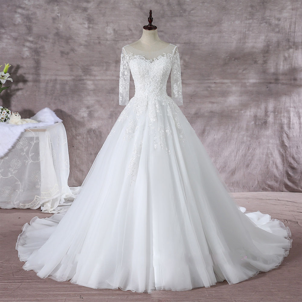 Elegant Scoop Full Sleeves A-Line Wedding Dress Appliques lace Sliky Oraganza Simple Bridal Gowns Can Be Customized