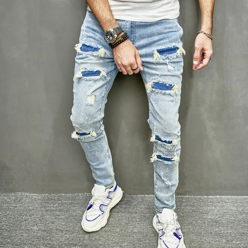 Men Holes Casual Skinny Jeans Pants Streetwear Male Stylish Ripped Solid Hip Hop Slim Denim Trousers 240227