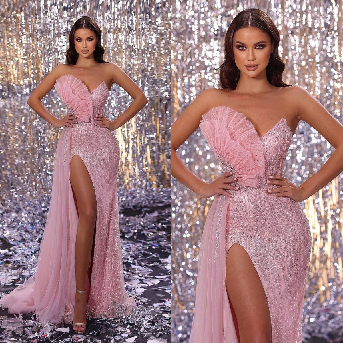 Evening Strapless Elegant Side Split Prom Gowns Sequins Sleeveless Rhie Custom Made Formal Party Dresses Dr0320