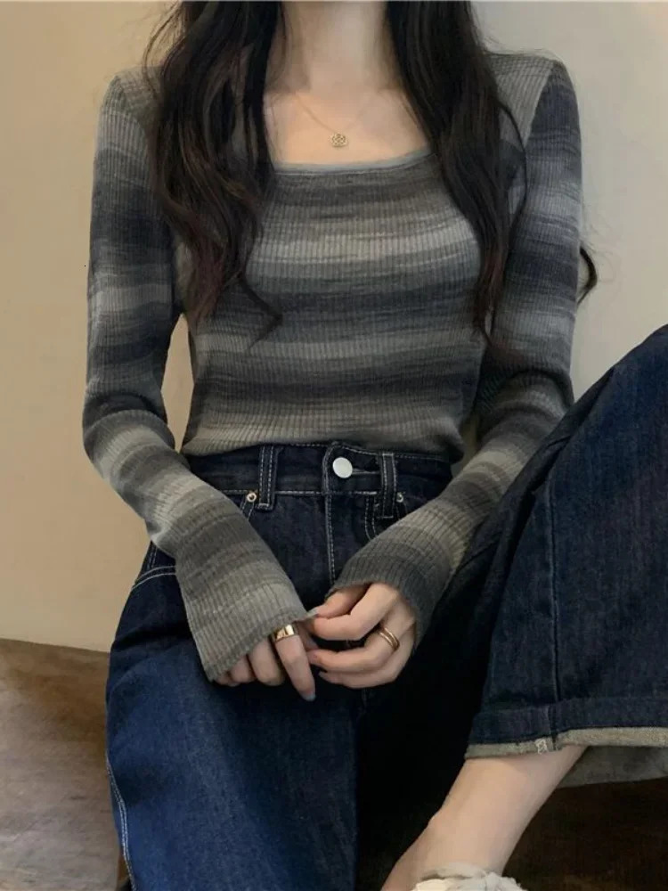 Deeptown Vintage Striped Knitted Tops Women Slim Fit Square Collar Bottoming Shirts Harajuku Contrast Long Sleeve Tshirts Female 240228