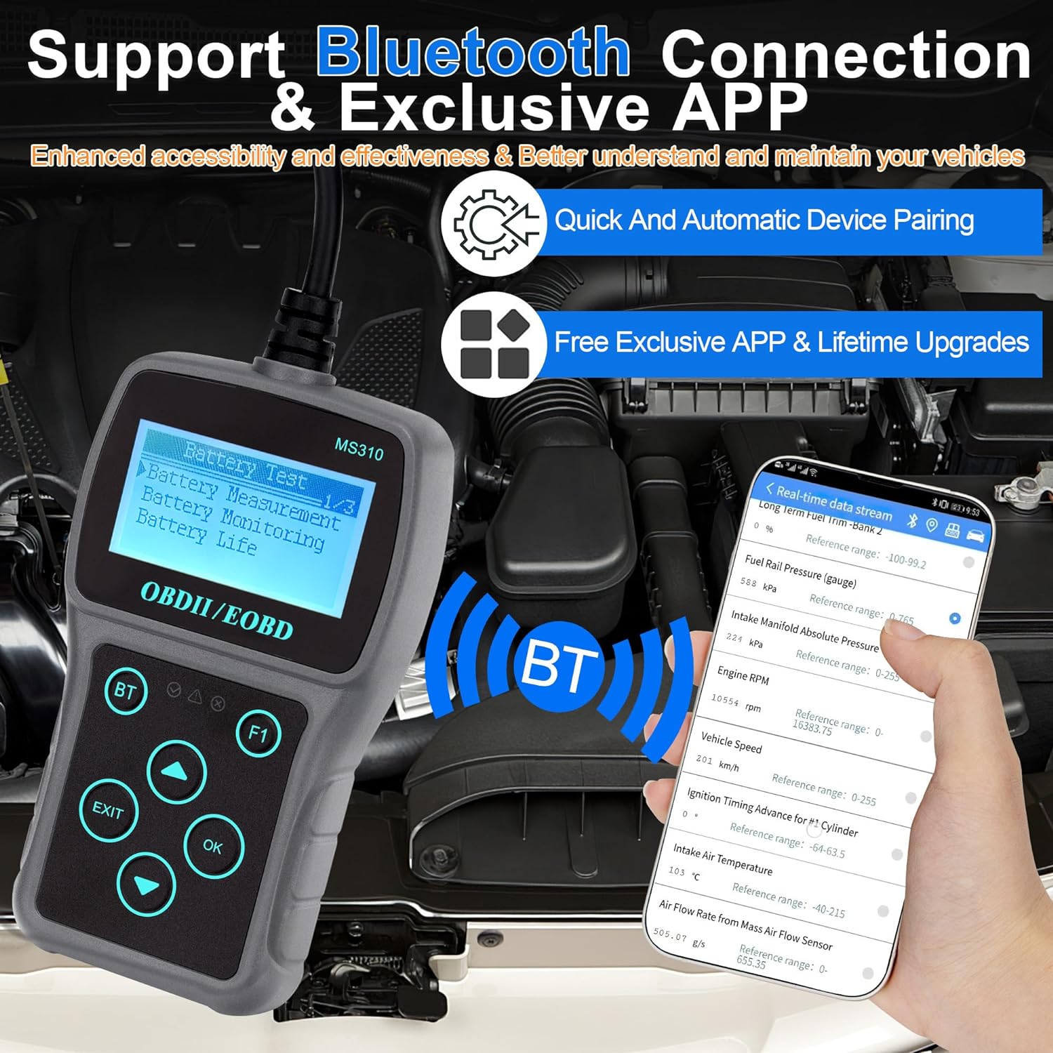 OBD2 Diagnostic Scan Tool Engine Fault Code OBD II Scanner with Bluetooth and Car Battery Tester for All Vehicle