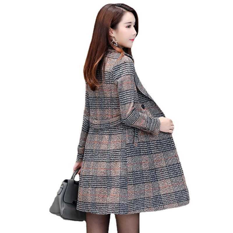 Autumn and winter slimming temperament plaid woolen coat women's medium long woolen coat Q240229
