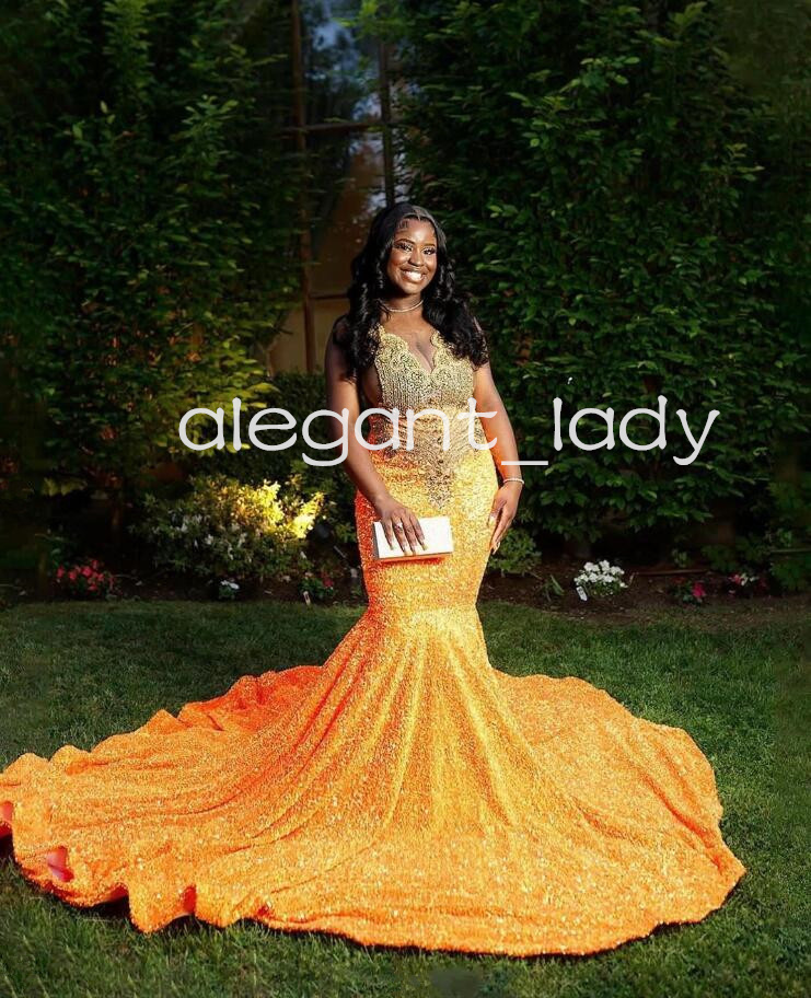 Orange Long Sparkly Evening Formal Dresses for Women 2024 Luxury Diamond Crystal Velvet Prom Gown vestidos de gala black girl