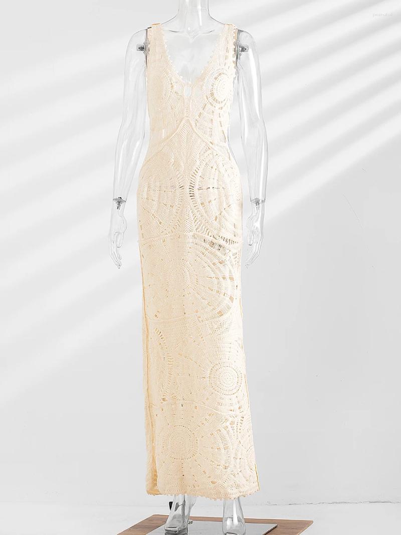 Casual Dresses for Women Knitted Crochet V Neck Sleeveless Hollow Out Beach Dress - Summer Vacation Long Vestidos C260311