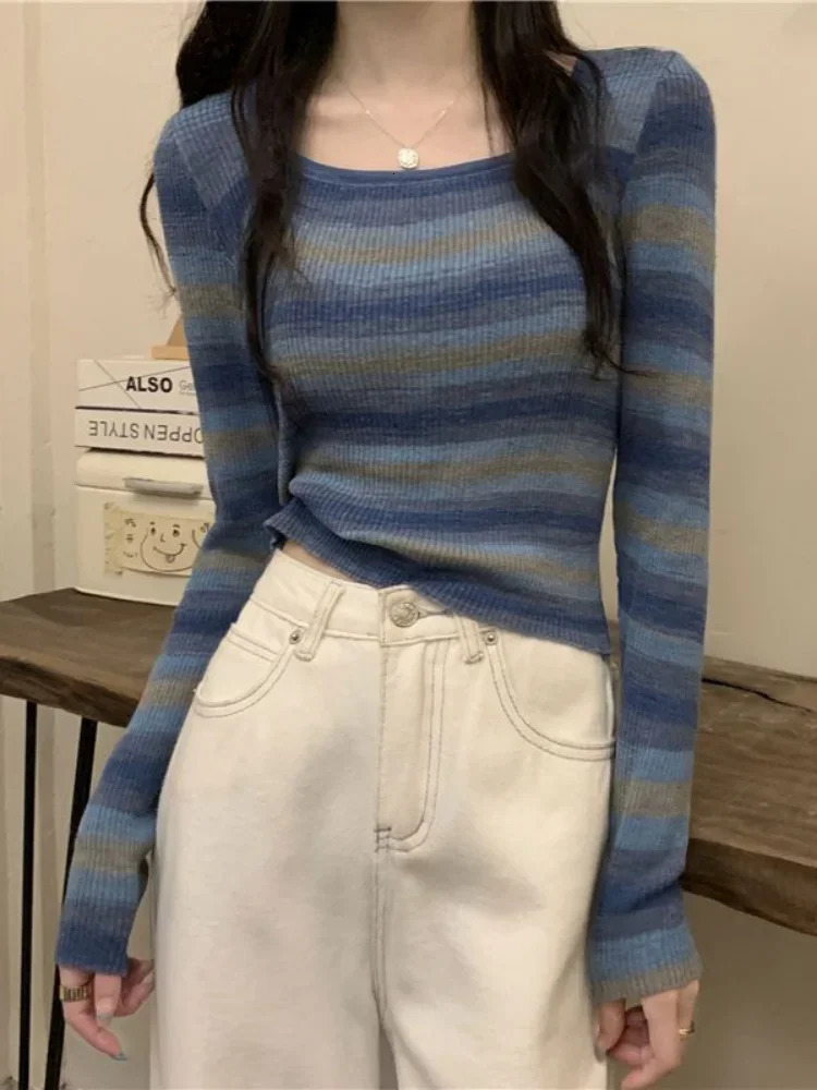 Deeptown Vintage Striped Knitted Tops Women Slim Fit Square Collar Bottoming Shirts Harajuku Contrast Long Sleeve Tshirts Female 240228