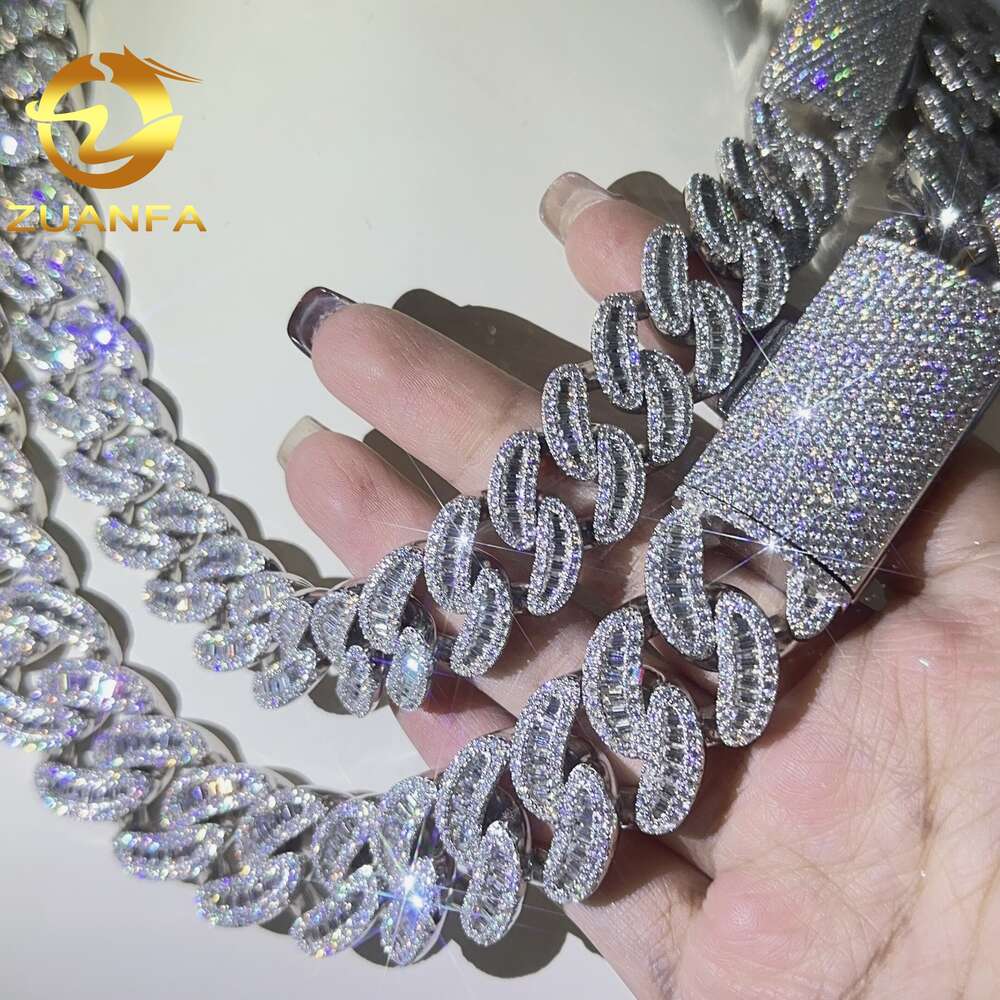 Necklace moissanite chain cuban link chain 22mm Moon Shape Baguette Ice Out Sterling Silver Miami Chain Necklace