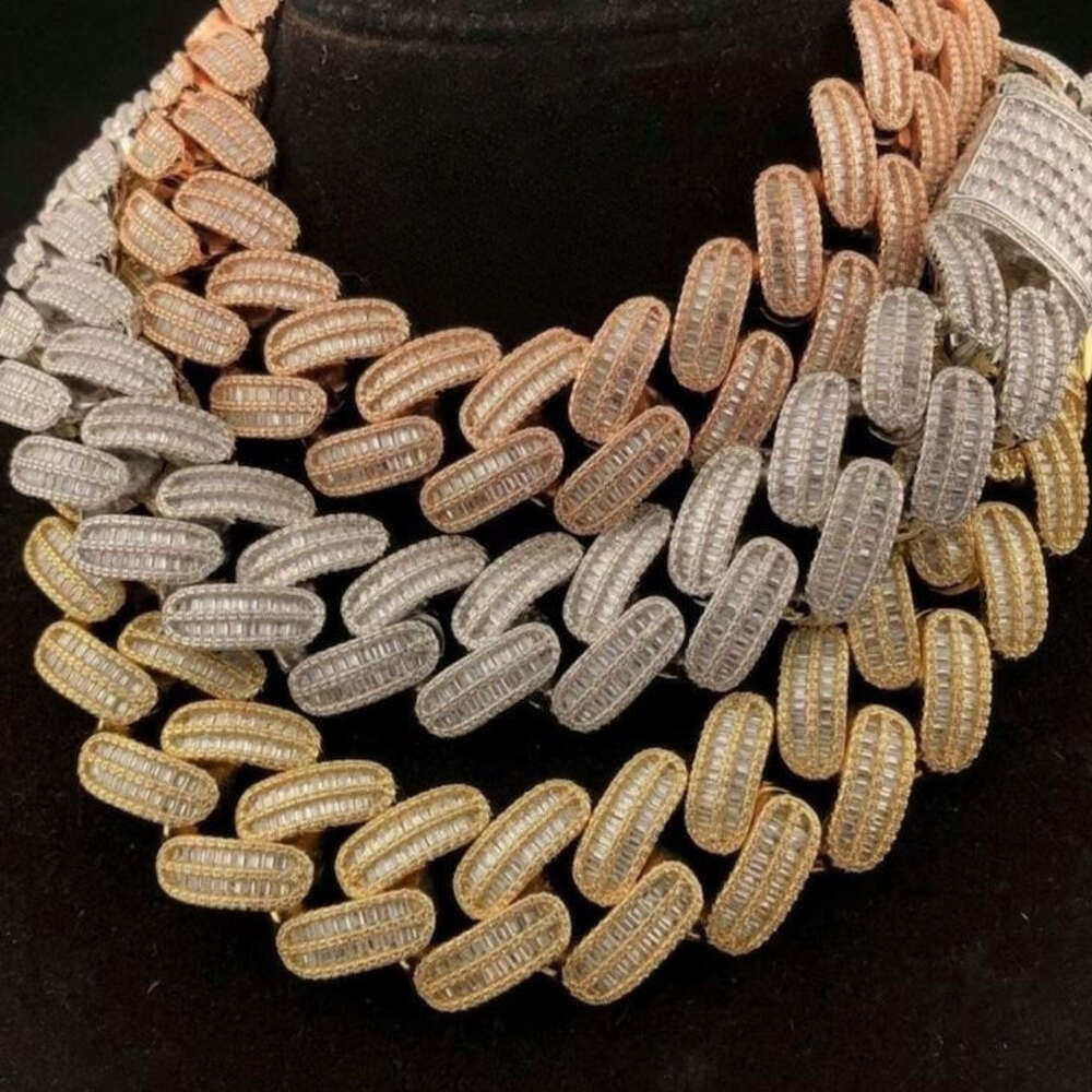 moissanite chain cuban k chainHiphop Necklace Sterg Sier Iced Out 26mm 2 Rows Baguette Cut Moissanite