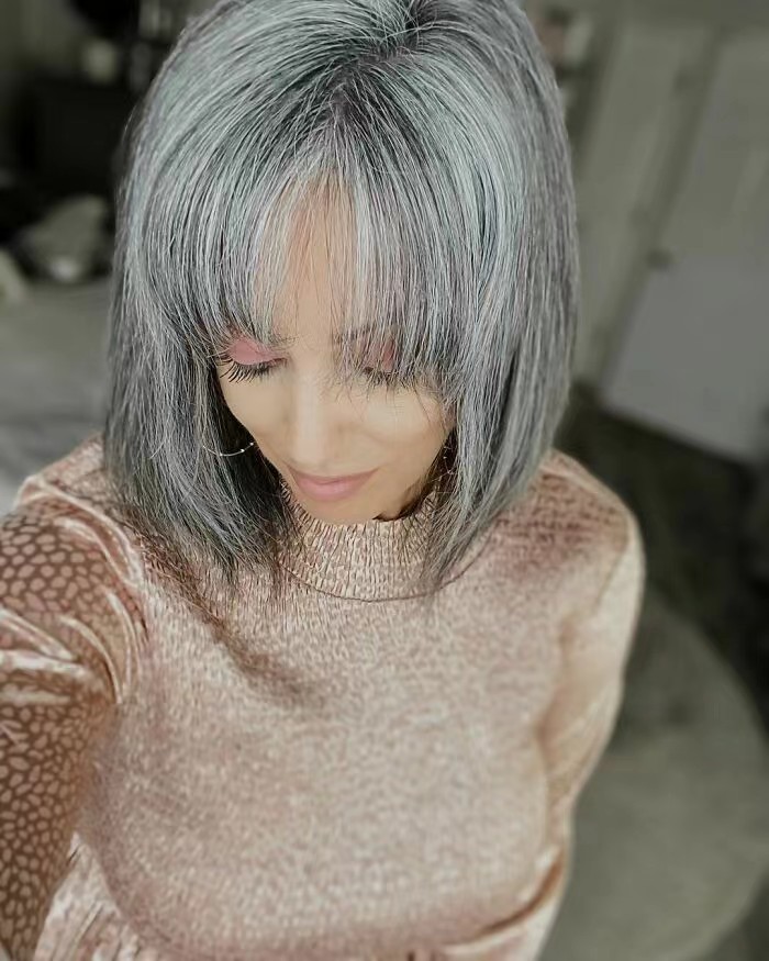 Trendy Human grey a-line bobs with brow-length bangs none lace glueless salt and pepper wigs for fearless women