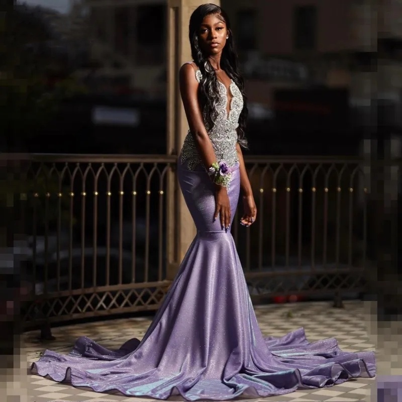 Sparkly Lilac Prom Dresses For Woman Sheer Neck African Women Sequin Mermaid Party Dress Robe Gala