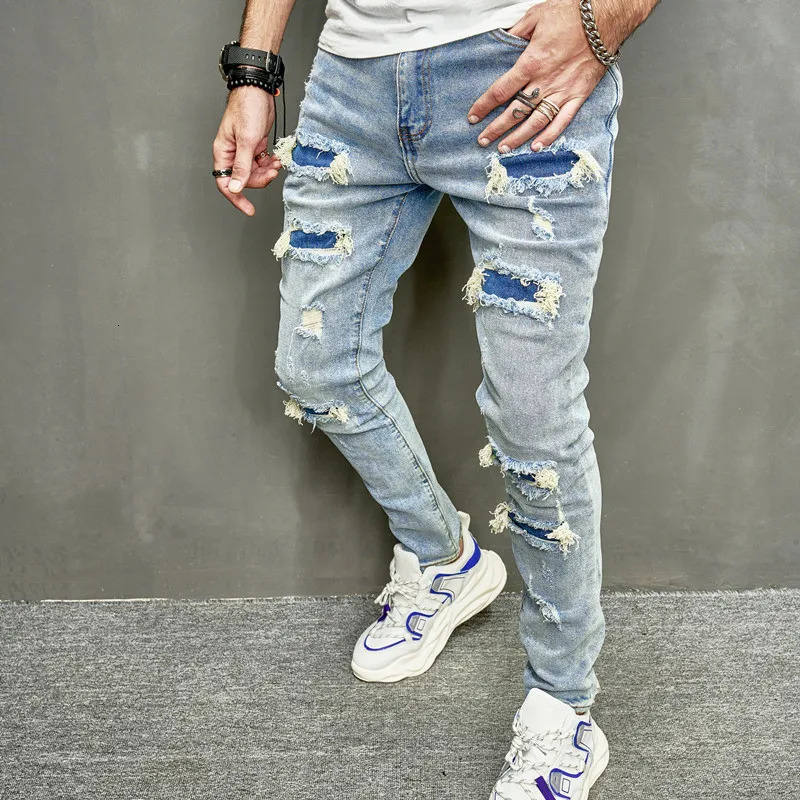 Men Holes Casual Skinny Jeans Pants Streetwear Male Stylish Ripped Solid Hip Hop Slim Denim Trousers 240227
