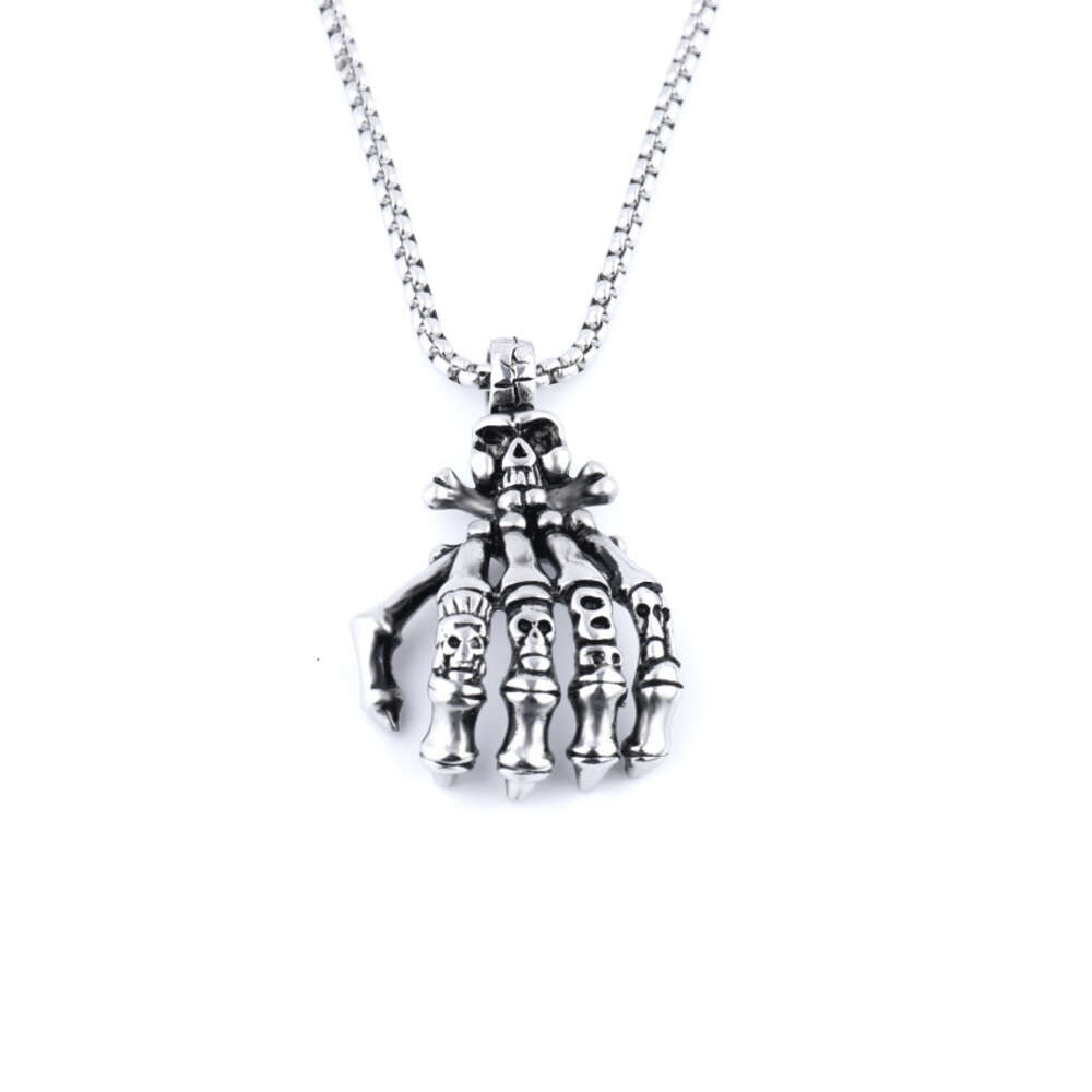 Wolf Tide Skeleton Hand Bone Grab Pendant Necklace Long Stainless Steel Chain Halloween Gifts Punk Gothic Hip Hop Necklaces Men's Party Jewelry B