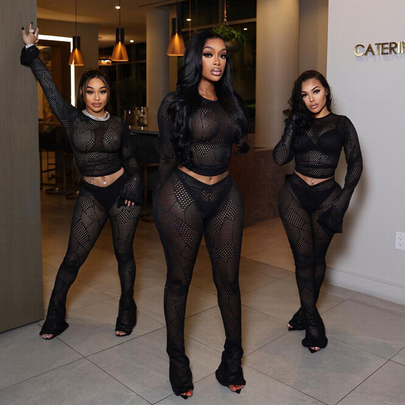 White See Through Mesh Pants Sets Hollow knit short top high-waisted tight-fitting trouser suit woman Sexy 2 Piece