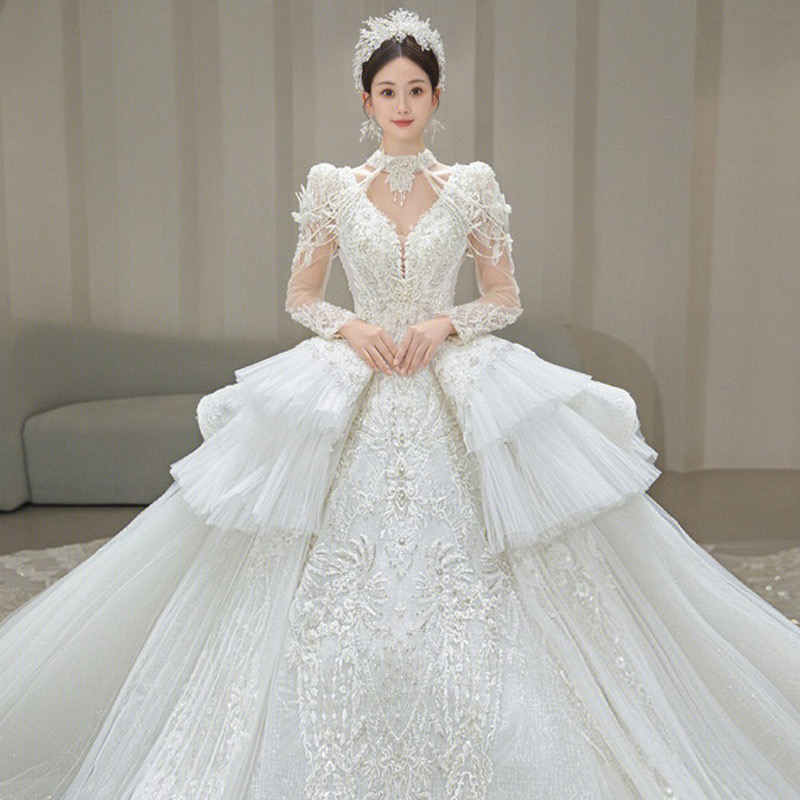 Long Sleeves Lace Mermaid Dresses Tulle Court princess Wedding Bridal Gowns With Buttons African Nigerian Beaded Applique vestido de novia 2024