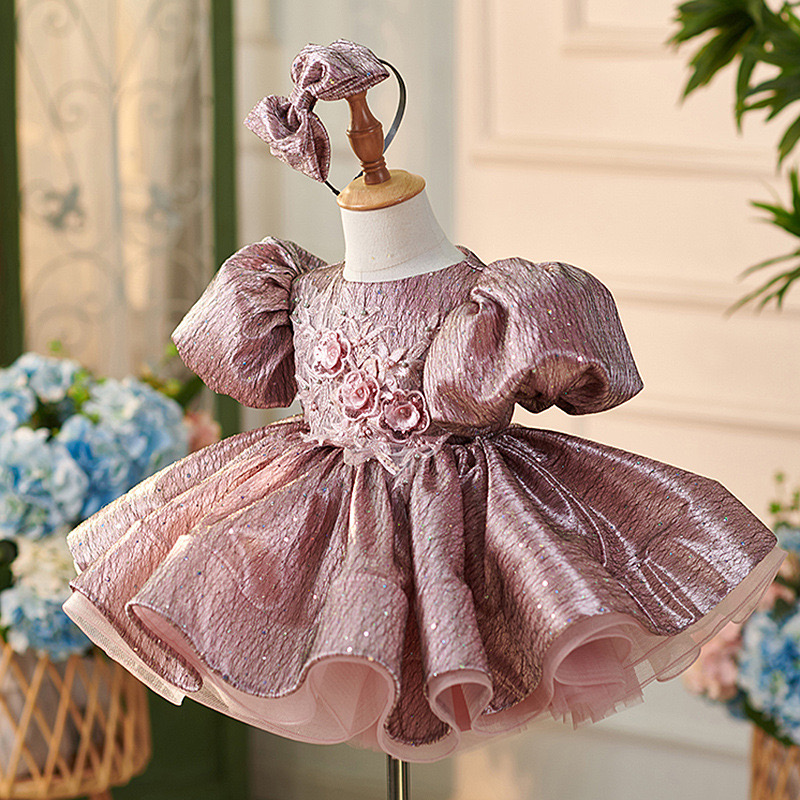 2024 Cute Pink Flower Dresses 3D Floral Appliqued Cap Sleeve Little Kids Wedding Beautiful Girls Pageant Gowns Rhinestone Party Tulle Princess Girl Dr