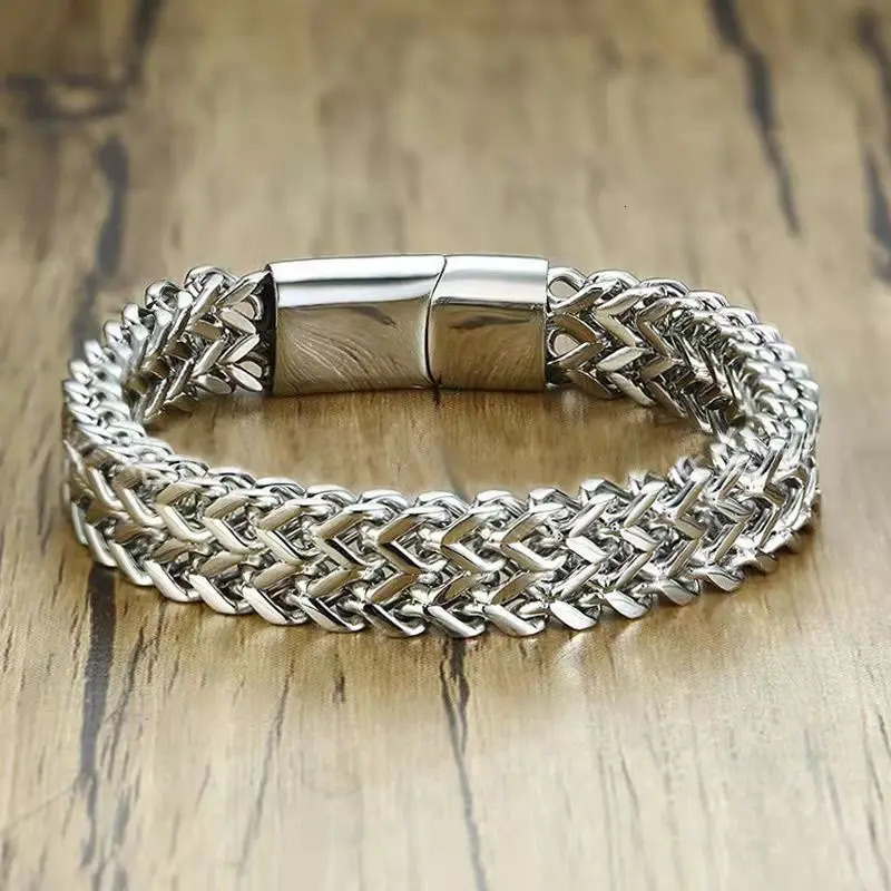 Mens Fashion Hiphop Doublelayer Braided Keel Stainless Steel Bracelet Men Personalized Party Chain Metal Jewelry Gift 240227