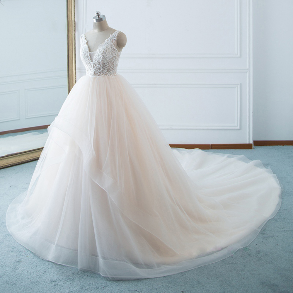 Elegant Ruffled Sliky Tulle V-Neck A-Line Wedding Dress Champaghe linning and ivory tulle Sleevess Beaded Pearls Appliques Bridal Gowns can customize